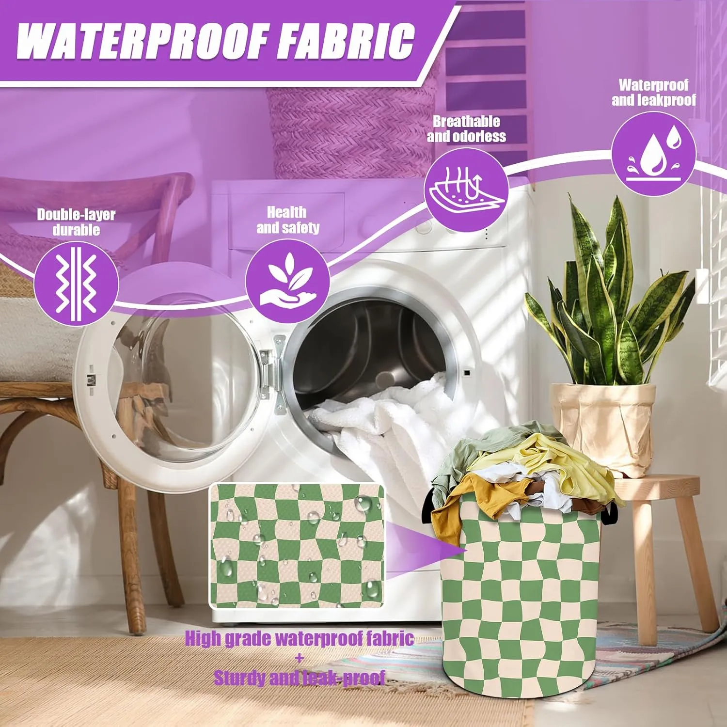 Green Checkerboard Laundry Basket Foldable Laundry Hamper Tote Bag Storage Bucket Toy Organizer For Bathroom/Laundry/Bedroom（19.6x15.7inch）