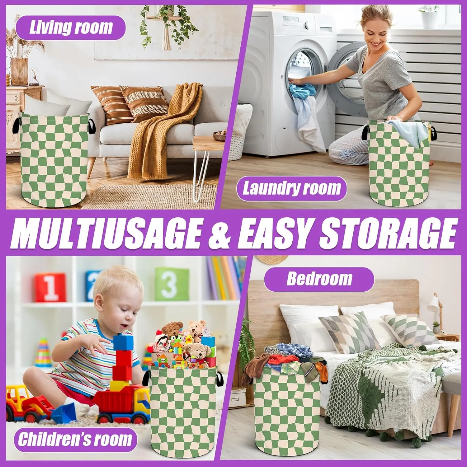 Green Checkerboard Laundry Basket Foldable Laundry Hamper Tote Bag Storage Bucket Toy Organizer For Bathroom/Laundry/Bedroom（19.6x15.7inch）