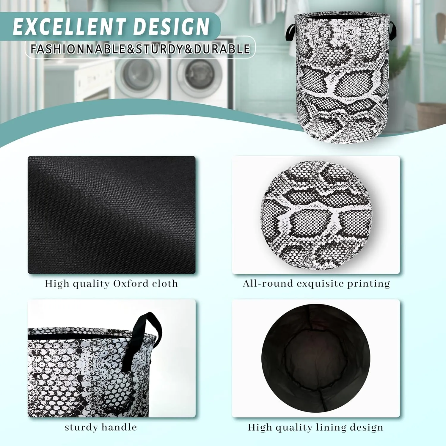 Grey White Snake Texture Laundry Hamper Snake Colorful Laundry Basket With Handles Foldable Oxford Cloth Tote Bag Clothes Toy Storage Bucket 18.9x16.5 Inch For Bathroom/Laundry/Bedroom