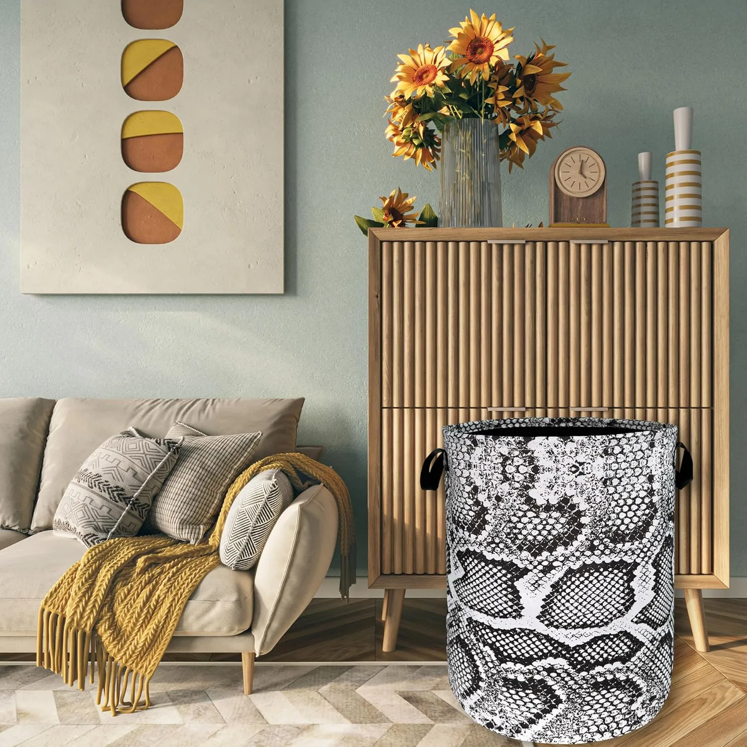 Grey White Snake Texture Laundry Hamper Snake Colorful Laundry Basket With Handles Foldable Oxford Cloth Tote Bag Clothes Toy Storage Bucket 18.9x16.5 Inch For Bathroom/Laundry/Bedroom