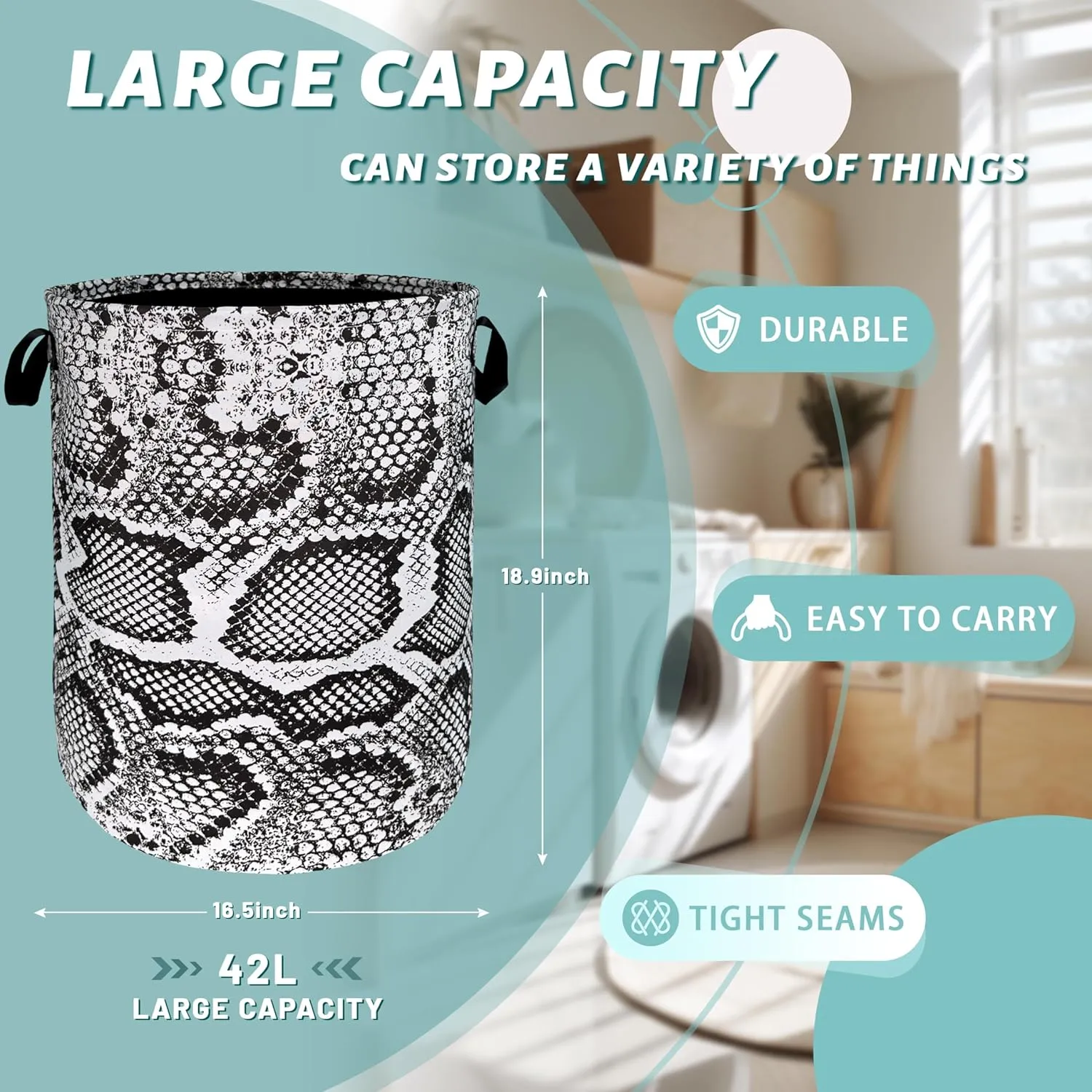 Grey White Snake Texture Laundry Hamper Snake Colorful Laundry Basket With Handles Foldable Oxford Cloth Tote Bag Clothes Toy Storage Bucket 18.9x16.5 Inch For Bathroom/Laundry/Bedroom