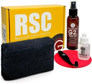 GrooveWasher Record & Stylus Care System – Record Cleaning Fluid & Large Scratch-Free Cleaning Pad with Delicate Stylus Brush & Cleaning Solution   Bonus Label Mask, Protect & Preserve Vinyl Records