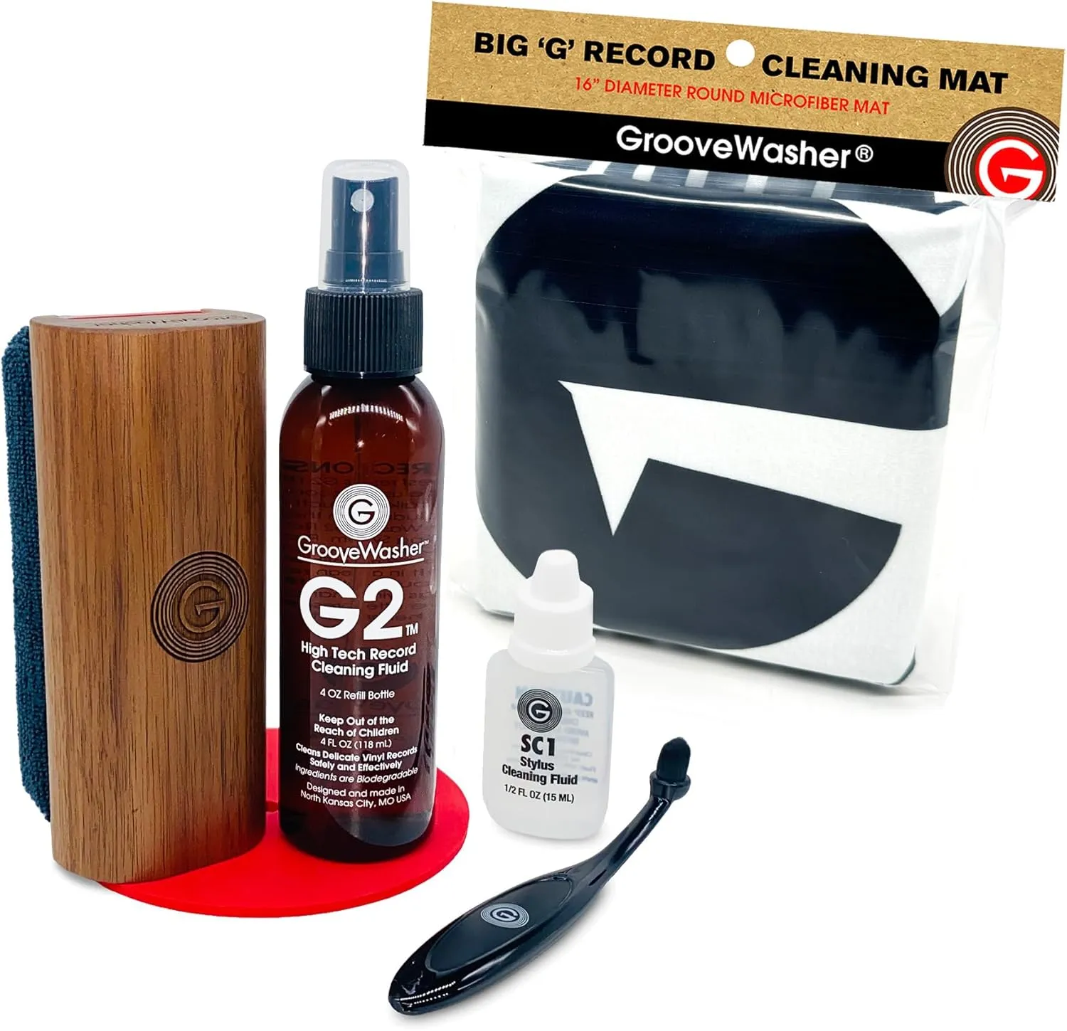 GrooveWasher Walnut Record Cleaning Kit, SC1 Cleaner & Stylus Brush   Exclusive 'Big G' Mat for Off-Turntable Cleaning & Quick Drying | 7-in-1 Gift Bundle for Vinyl Record Collectors with G2 Fluid