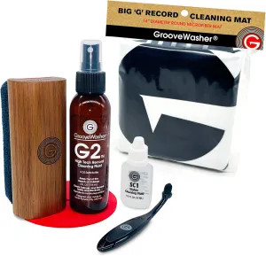 GrooveWasher Walnut Record Cleaning Kit, SC1 Cleaner & Stylus Brush   Exclusive 'Big G' Mat for Off-Turntable Cleaning & Quick Drying | 7-in-1 Gift Bundle for Vinyl Record Collectors with G2 Fluid