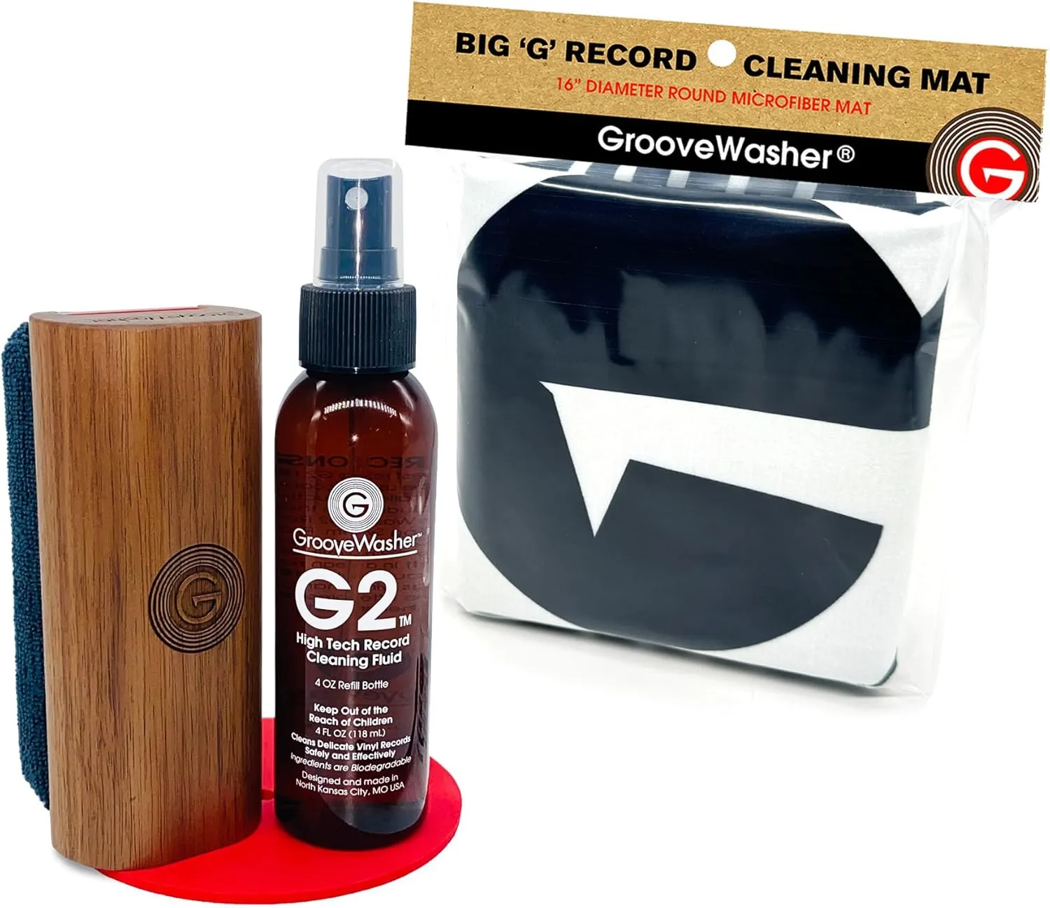 GrooveWasher Walnut Vinyl Record Cleaning Kit with 'Big G' Record Cleaning Mat | Perfect Record Collectors' Gift Bundle, Essential LP Care System Includes G2 Cleaning Fluid Spray   Bonus