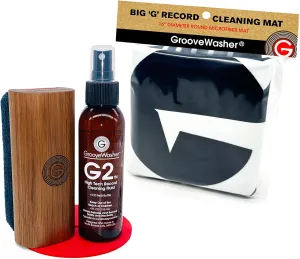GrooveWasher Walnut Vinyl Record Cleaning Kit with 'Big G' Record Cleaning Mat | Perfect Record Collectors' Gift Bundle, Essential LP Care System Includes G2 Cleaning Fluid Spray   Bonus