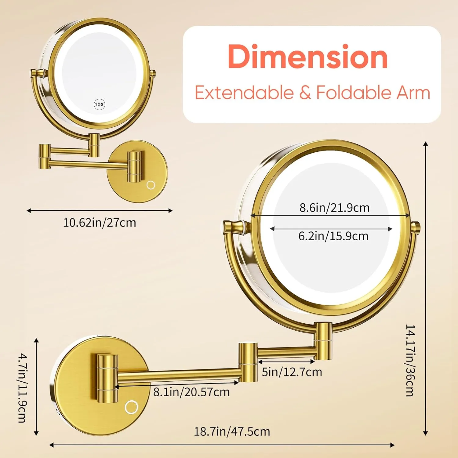 GURUN 8.5 Inch Magnifying Makeup Mirror with 3 Tones Dimmable LED Lights Double Sided Touch Control Wall Mounted Vanity Mirror for Bathroom with 10X Magnification M1809DGJ-T (Brushed Gold/10X)