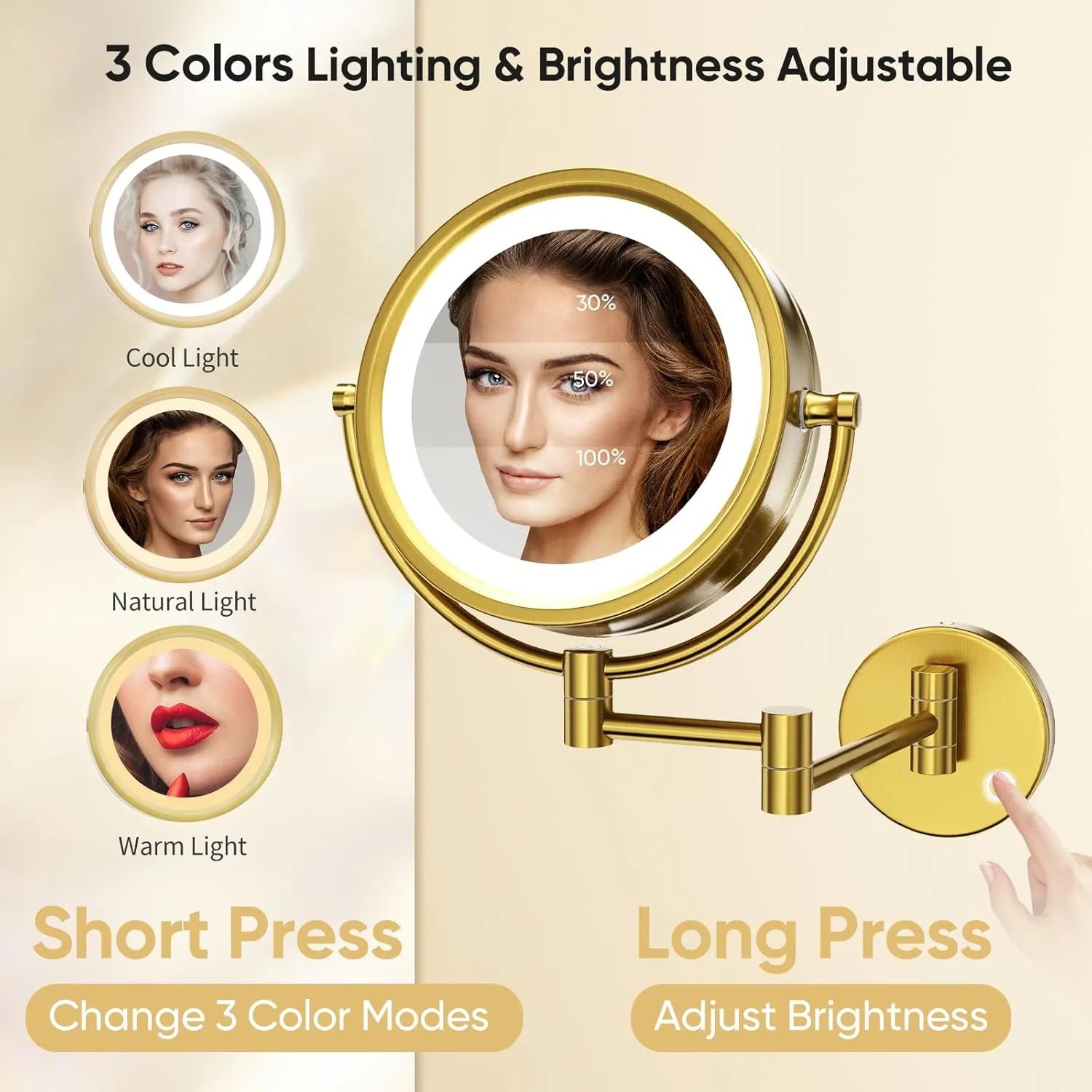 GURUN 8.5 Inch Magnifying Makeup Mirror with 3 Tones Dimmable LED Lights Double Sided Touch Control Wall Mounted Vanity Mirror for Bathroom with 10X Magnification M1809DGJ-T (Brushed Gold/10X)
