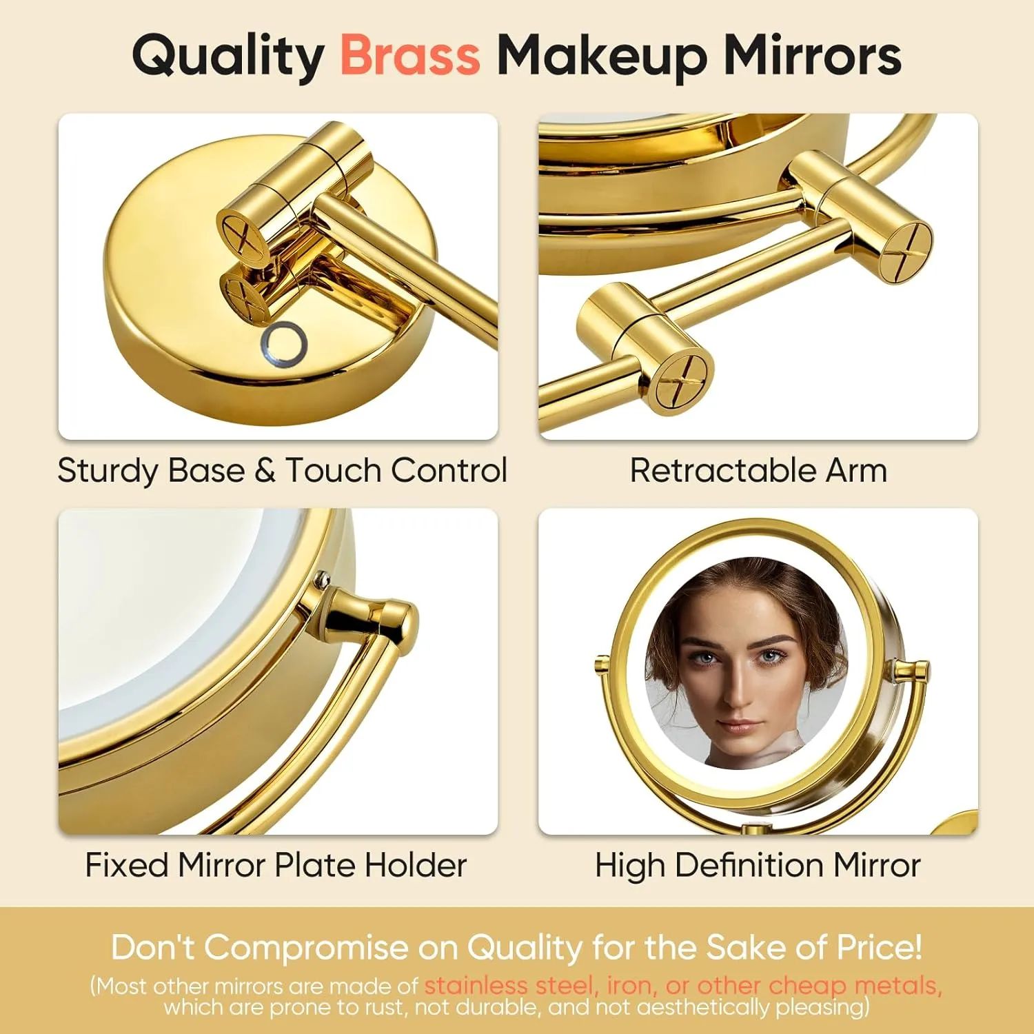 GURUN 8.5 Inch Magnifying Makeup Mirror with 3 Tones Dimmable LED Lights Double Sided Touch Control Wall Mounted Vanity Mirror for Bathroom with 10X Magnification M1809DGJ-T (Brushed Gold/10X)
