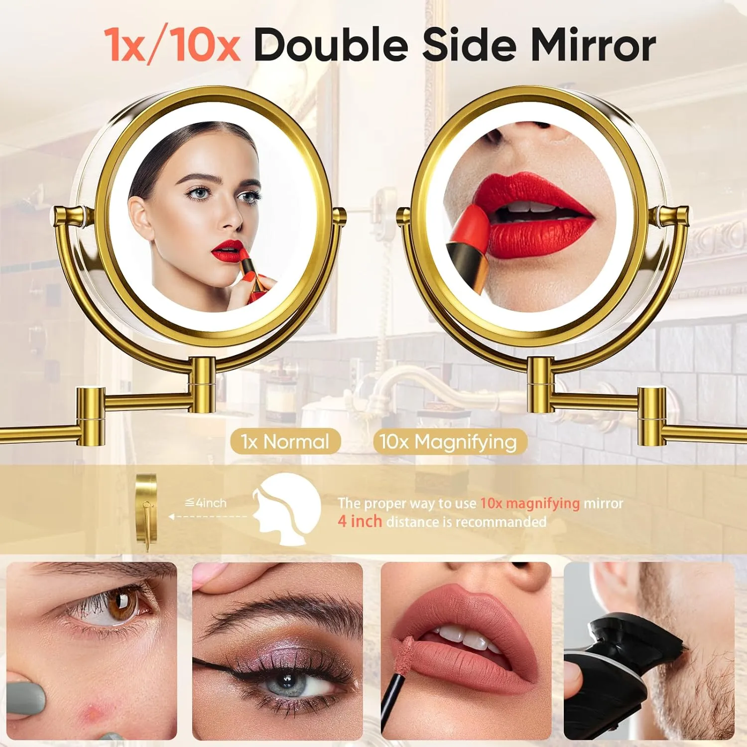 GURUN 8.5 Inch Magnifying Makeup Mirror with 3 Tones Dimmable LED Lights Double Sided Touch Control Wall Mounted Vanity Mirror for Bathroom with 10X Magnification M1809DGJ-T (Brushed Gold/10X)