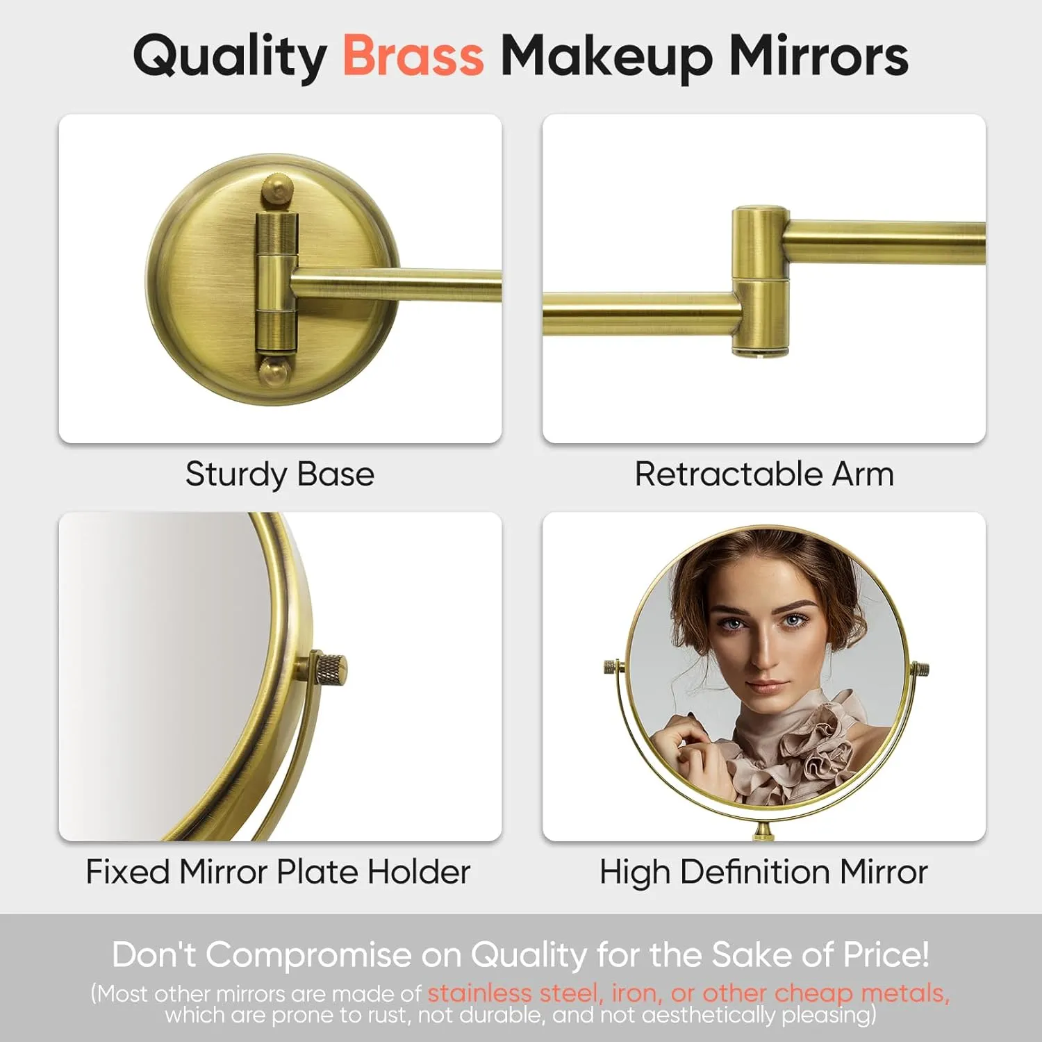 GURUN 8" Wall Mounted Makeup Mirror with 10X Magnification,Two-Sided Swivel Bathroom Mirror,Antique Satin Brass Finish M1306K(8in,10x)