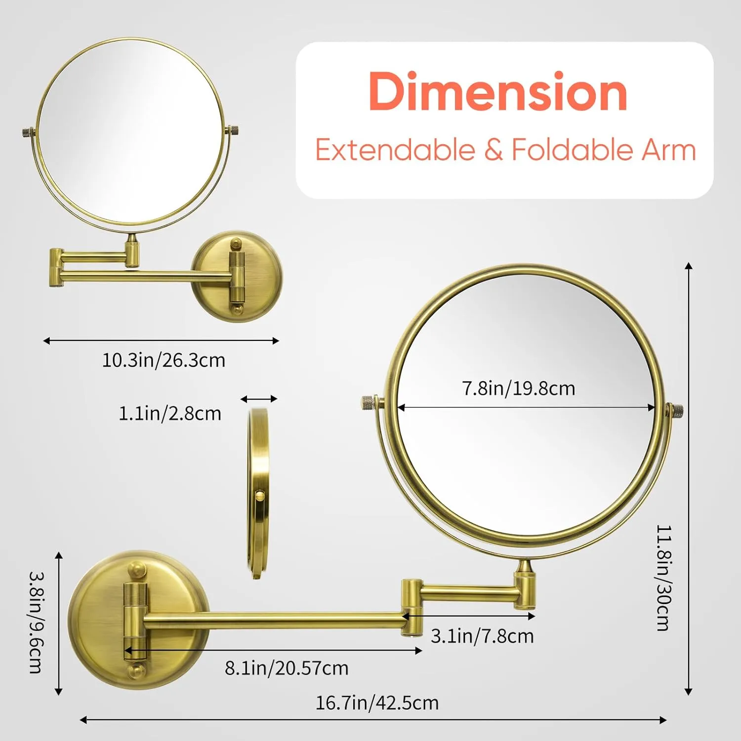 GURUN 8" Wall Mounted Makeup Mirror with 10X Magnification,Two-Sided Swivel Bathroom Mirror,Antique Satin Brass Finish M1306K(8in,10x)