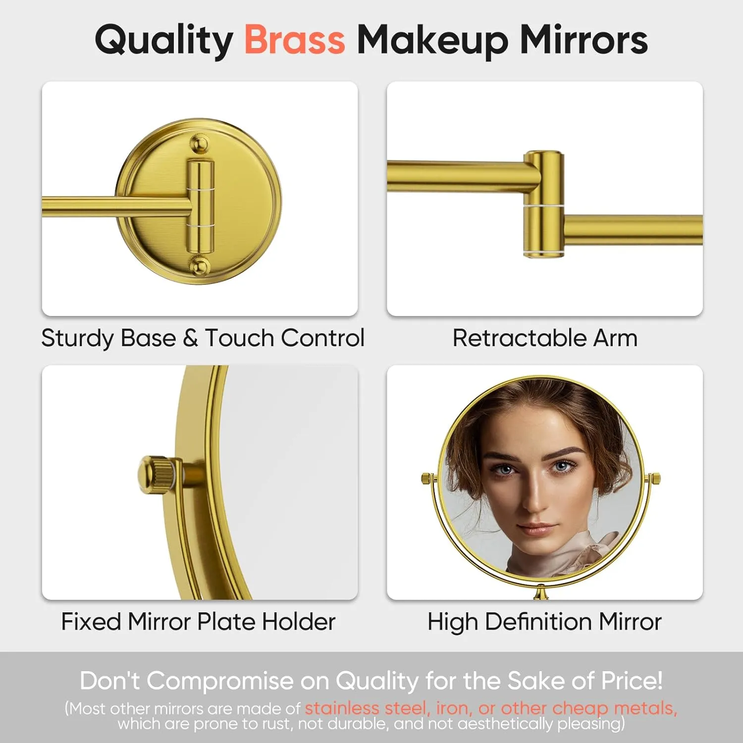 GURUN 8" Wall Mounted Makeup Mirror with 10X Magnification,Two-Sided Swivel Bathroom Mirror,Brushed Gold Finish M1306GJ(8",10X)