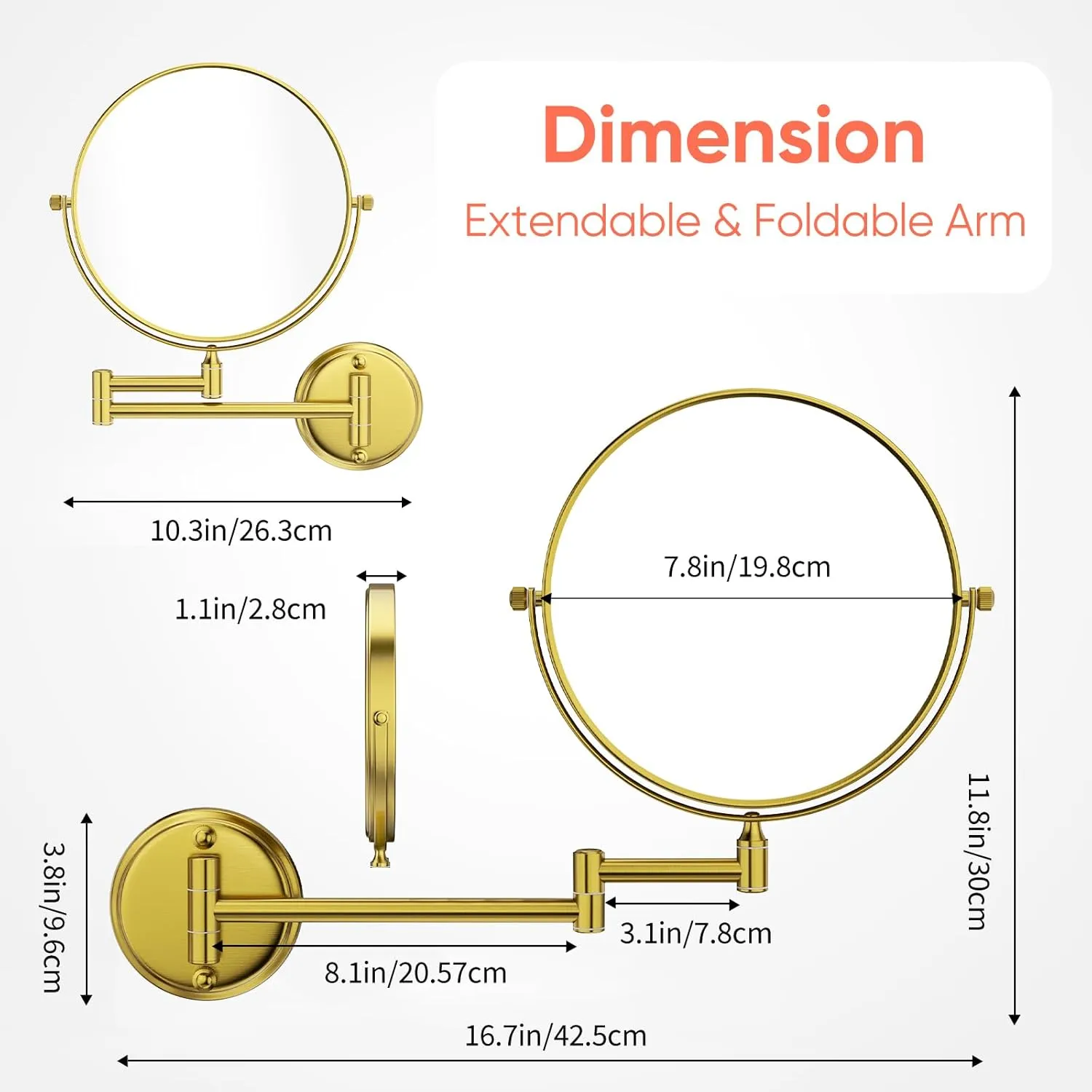 GURUN 8" Wall Mounted Makeup Mirror with 10X Magnification,Two-Sided Swivel Bathroom Mirror,Brushed Gold Finish M1306GJ(8",10X)
