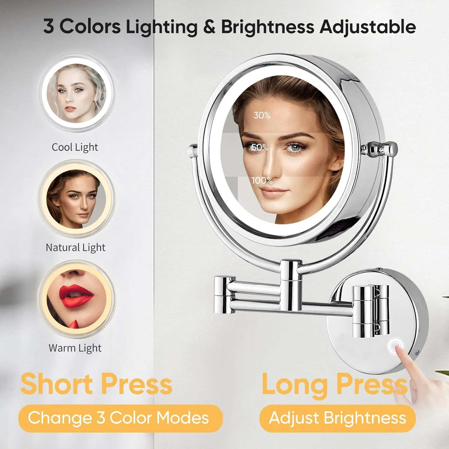 GURUN Wall Mounted Hardwired Makeup Mirror with 3 Tones Dimmable LED Lights 10x Magnifying Mirror with Touch Control for Bathroom Bedroom 13" Extendable Arm Direct Wire M1809D-T(10x,Chrome)