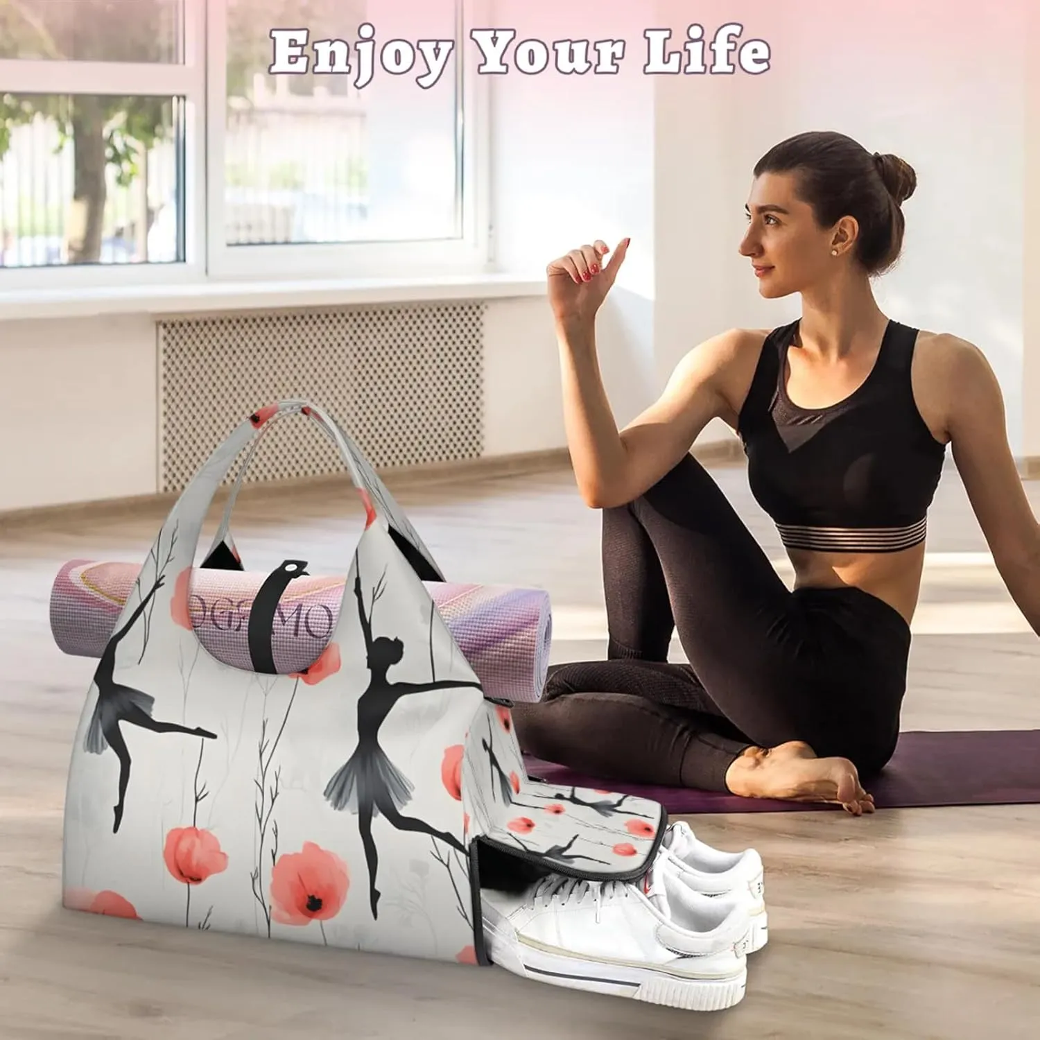 Gym Bag for Women Ballet Floral Duffel Bag with Shoe Compartment and Yoga Mat Holder Portable Weekender Bags Travel Tote Bags