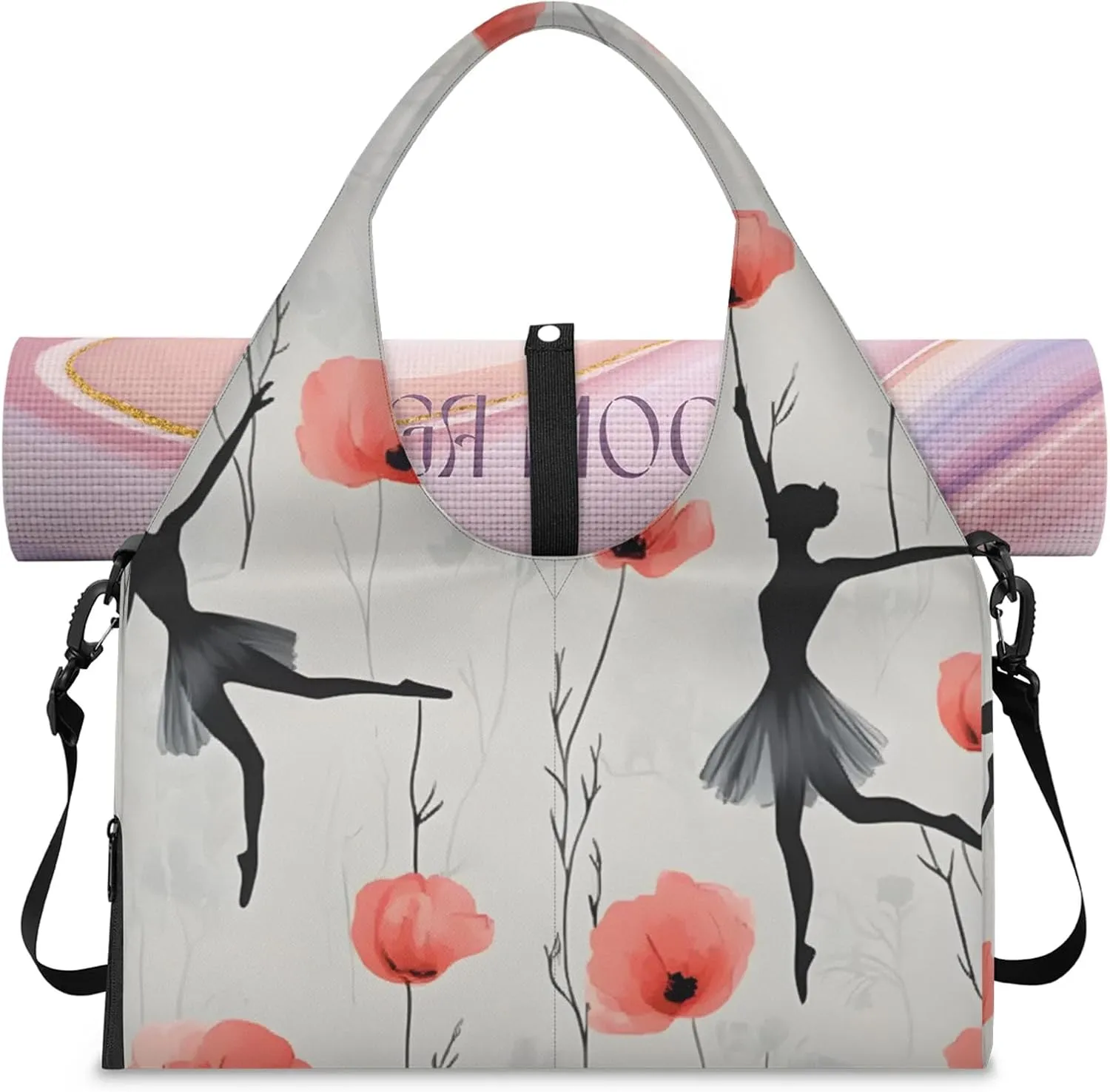Gym Bag for Women Ballet Floral Duffel Bag with Shoe Compartment and Yoga Mat Holder Portable Weekender Bags Travel Tote Bags