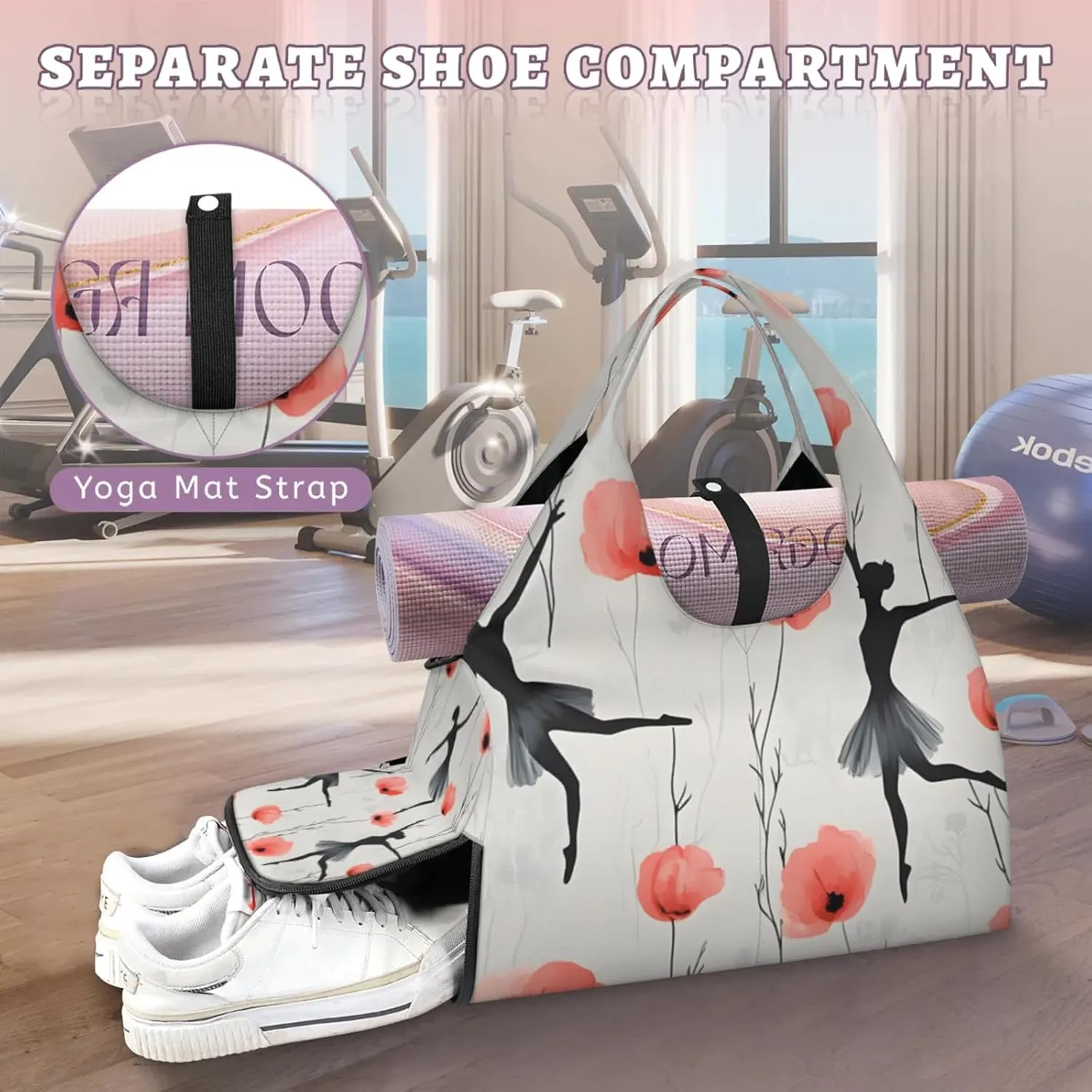 Gym Bag for Women Ballet Floral Duffel Bag with Shoe Compartment and Yoga Mat Holder Portable Weekender Bags Travel Tote Bags