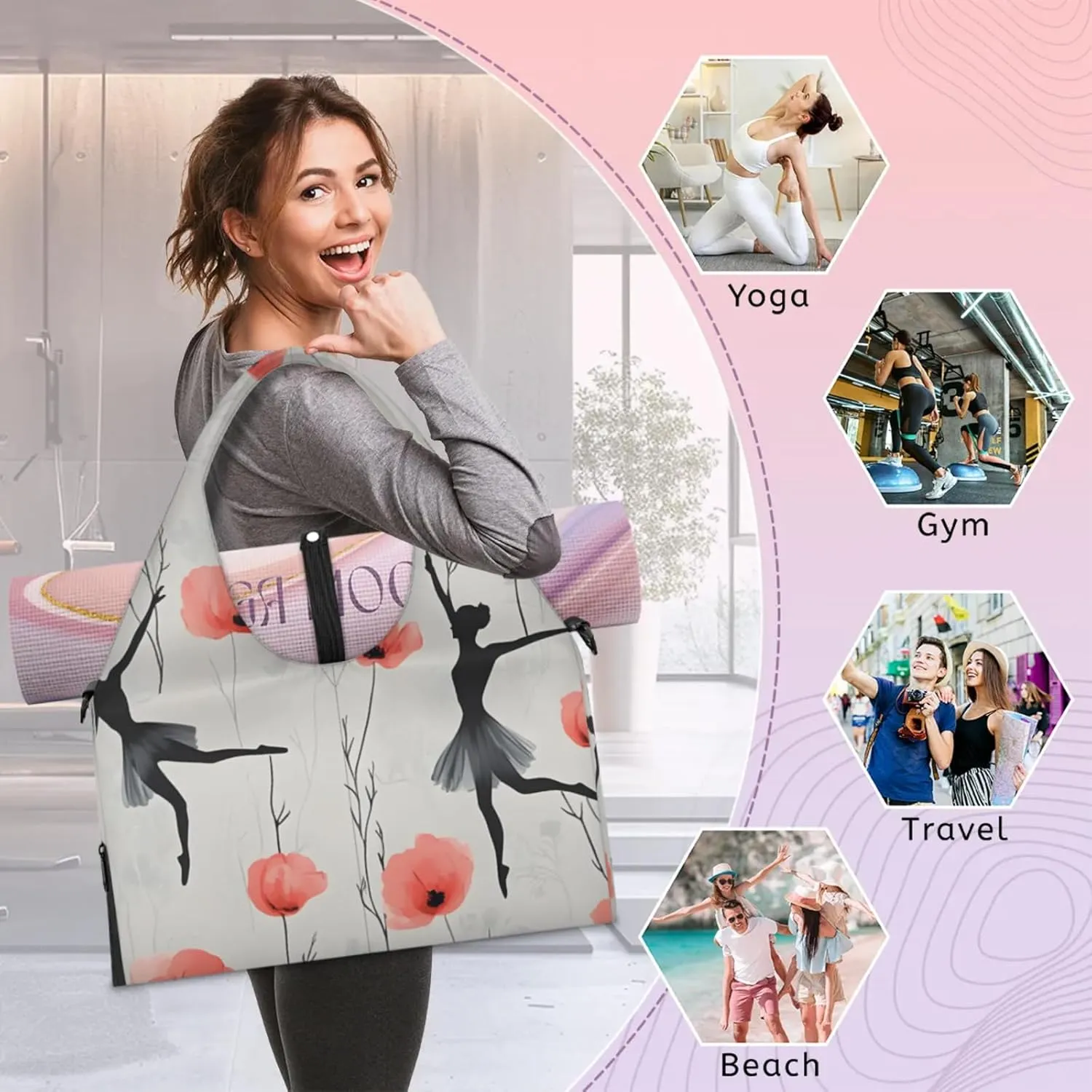 Gym Bag for Women Ballet Floral Duffel Bag with Shoe Compartment and Yoga Mat Holder Portable Weekender Bags Travel Tote Bags