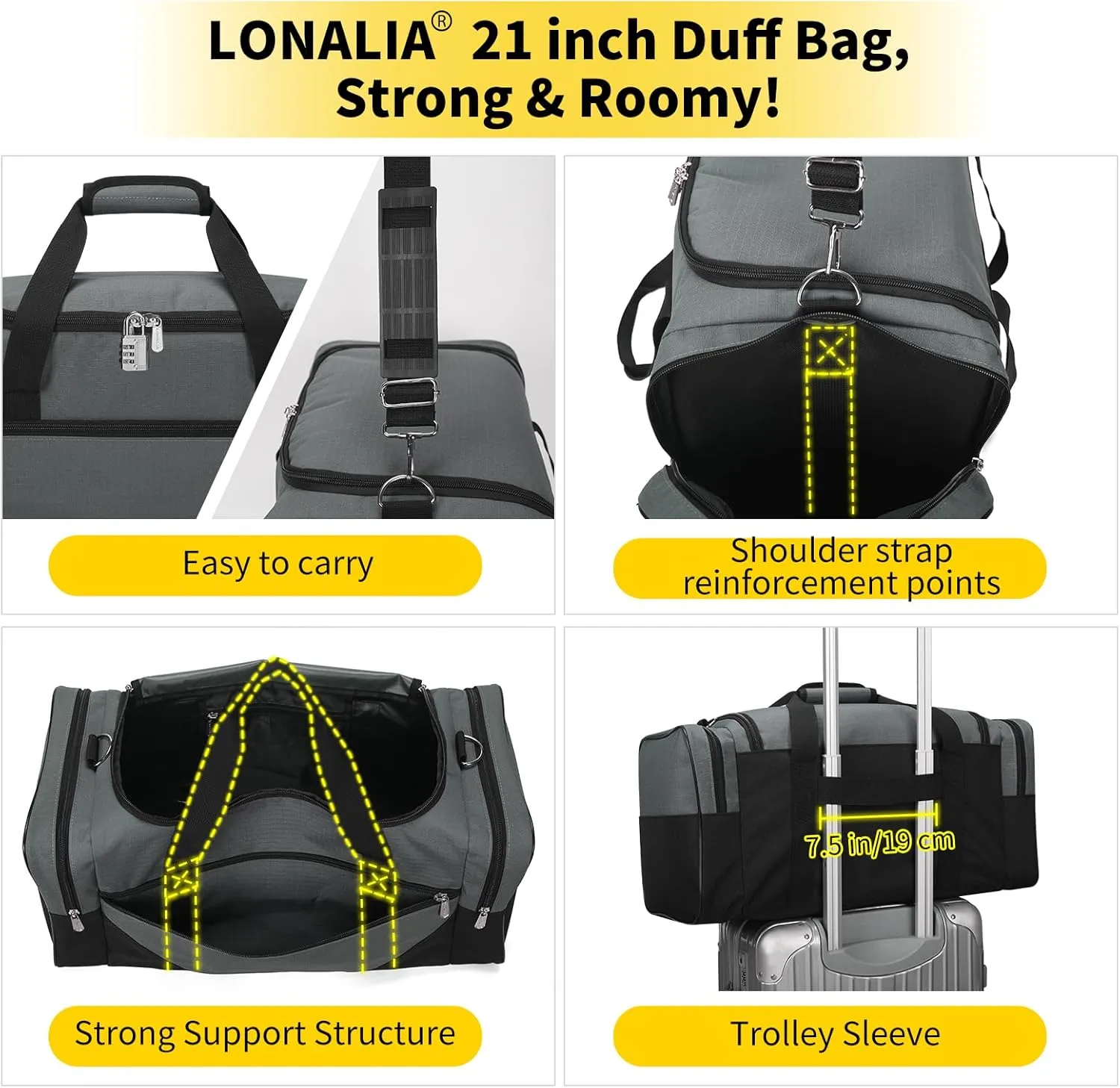 Gym Bag Sport Duffle Bag for Men - 21 in Weekender Travel Bag with Trolley Sleeve (Gray)