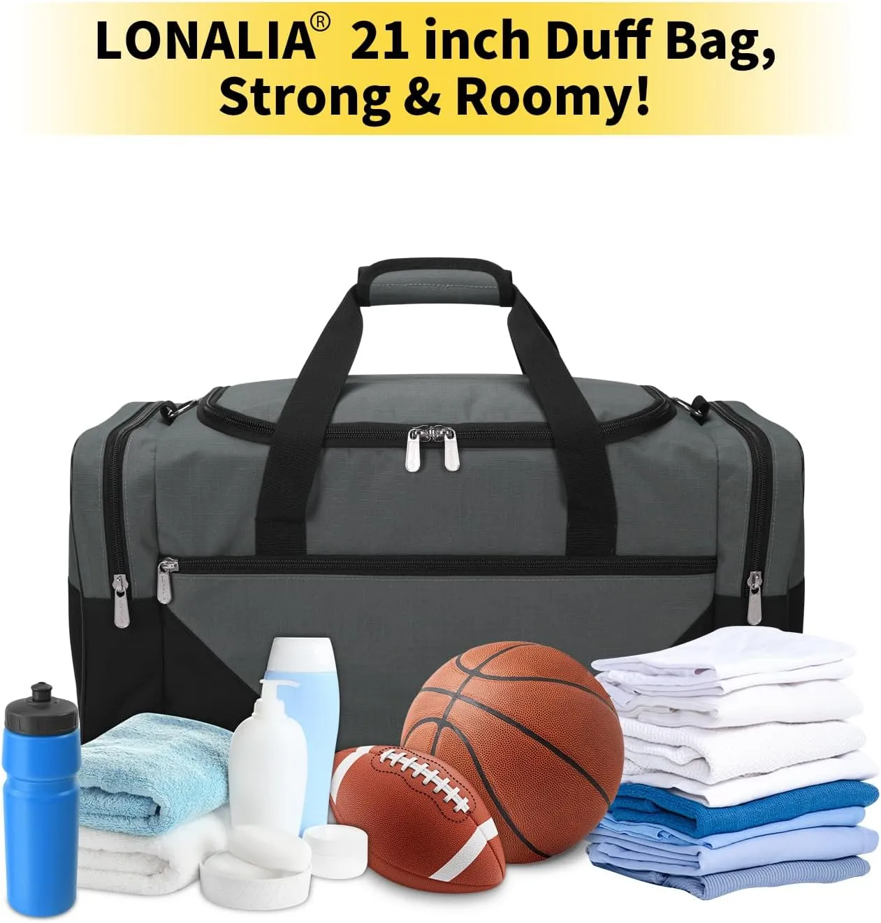 Gym Bag Sport Duffle Bag for Men - 21 in Weekender Travel Bag with Trolley Sleeve (Gray)
