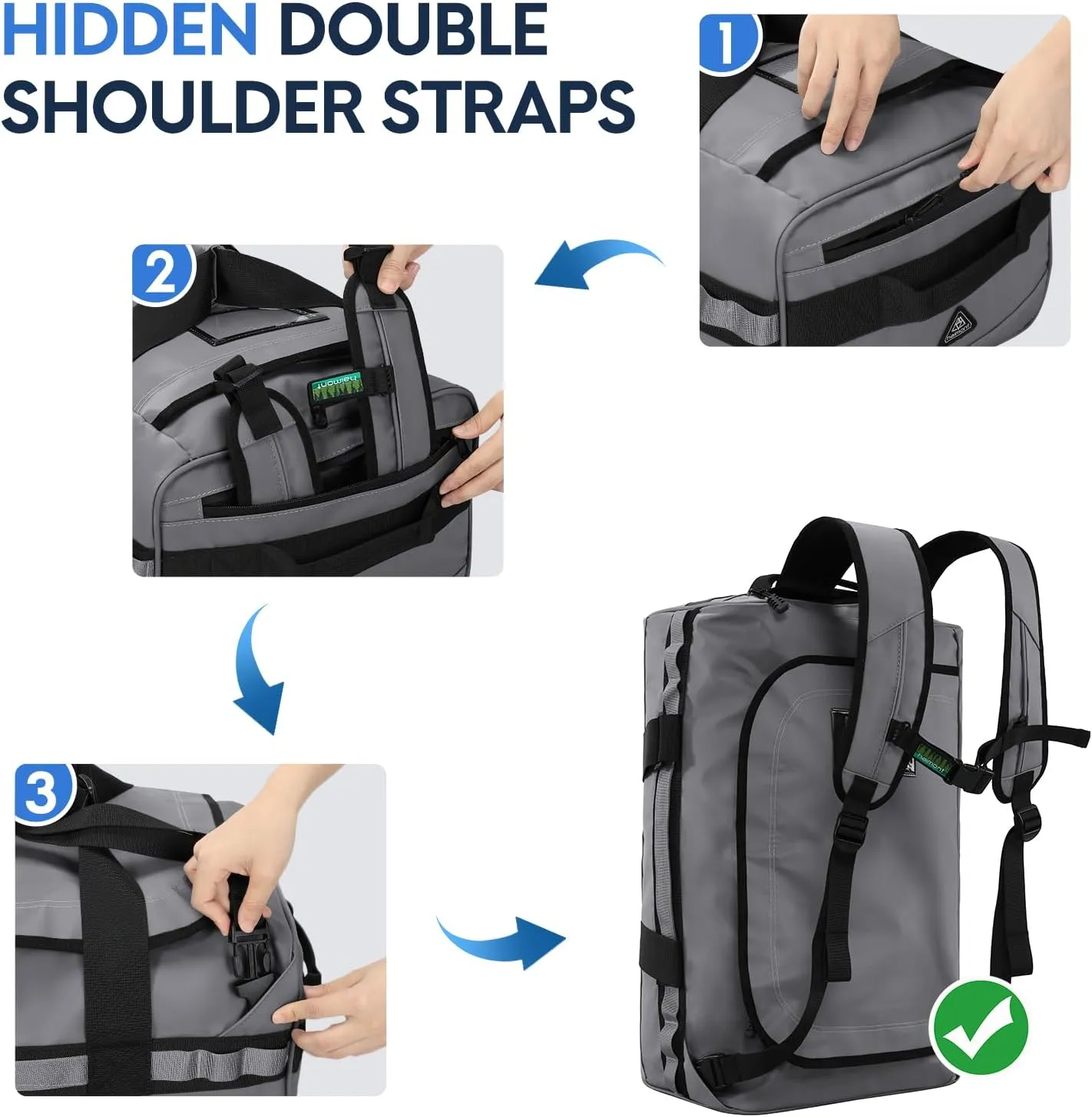 Haimont Gym Duffel Backpack Bag for Men Large Sports Duffle Bags with Backpack Straps for Hiking Travel Weekender Workout, Water Resistant, Gray, 90L