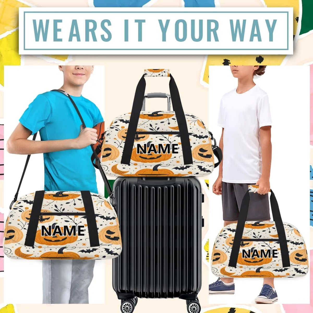 Halloween Mini Gym Bag 18 inch for Women Men Waterproof Custom Halloween Pumpkin Fall Travel Duffel Bag Carry On Overnight Tote Nurse Bag for Work Fitness Hiking
