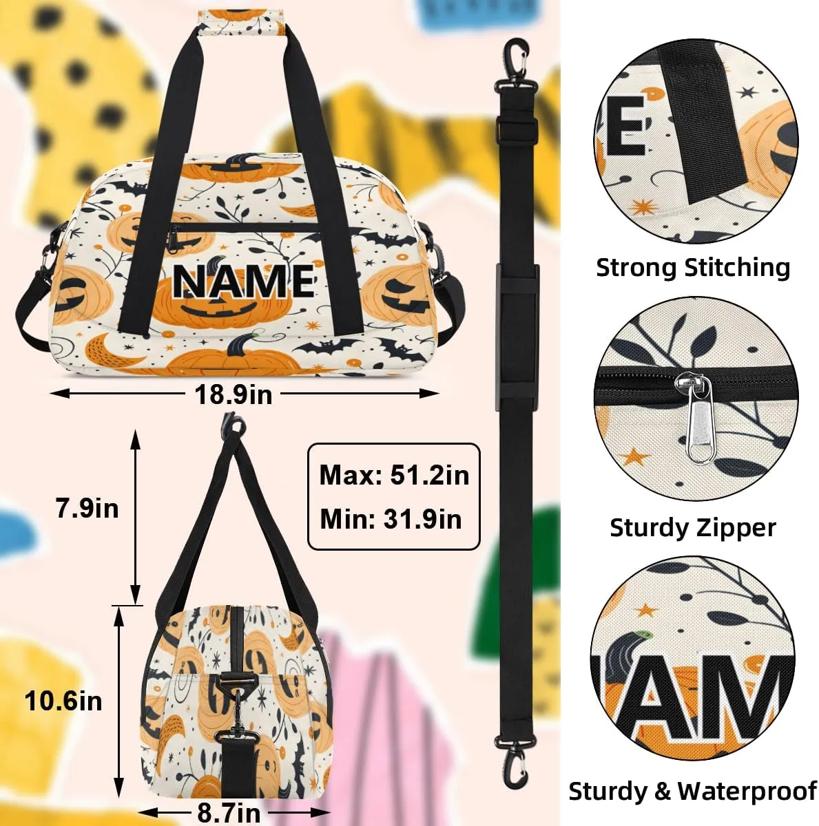 Halloween Mini Gym Bag 18 inch for Women Men Waterproof Custom Halloween Pumpkin Fall Travel Duffel Bag Carry On Overnight Tote Nurse Bag for Work Fitness Hiking