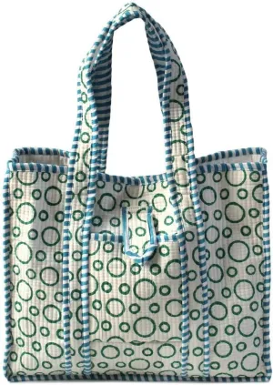Hand Block Printed Cotton Quilted Tote Bag For Women - Circle Pattern Tote Handbag - Turquoise Multi Color, Medium, 15x13x4 inches
