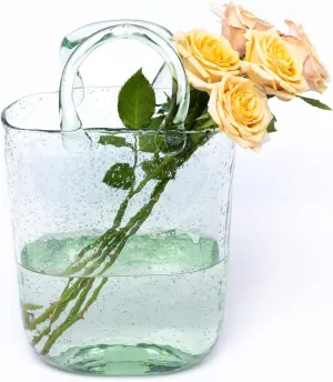 Hand Blown Glass Vase with Unique Design, Clear Glass Vase with Handles in Purse Shape for Decor, Good for Floral Arrangement, Centerpiece & Home Decor Large