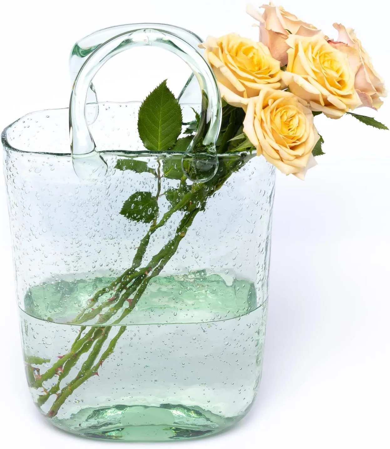 Hand Blown Glass Vase with Unique Design, Clear Glass Vase with Handles in Purse Shape for Decor, Good for Floral Arrangement, Centerpiece & Home Decor Large