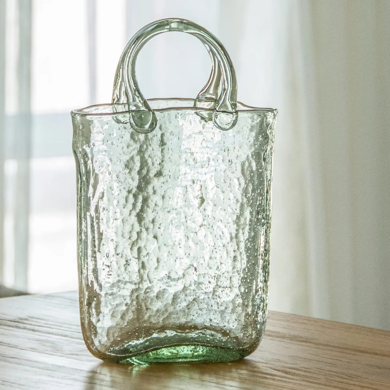 Hand Blown Glass Vase with Unique Design, Clear Glass Vase with Handles in Purse Shape for Decor, Good for Floral Arrangement, Centerpiece & Home Decor Large