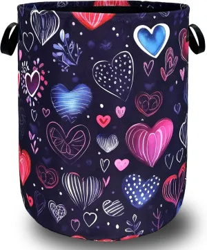 Hand Drawn Love Hearts Pattern Laundry Hamper With Handles Foldable Oxford Cloth Tote Bag Colorful Laundry Basket Clothes Toy Storage Bucket 18.9" x 16.5" For Bathroom/Laundry/Bedroom