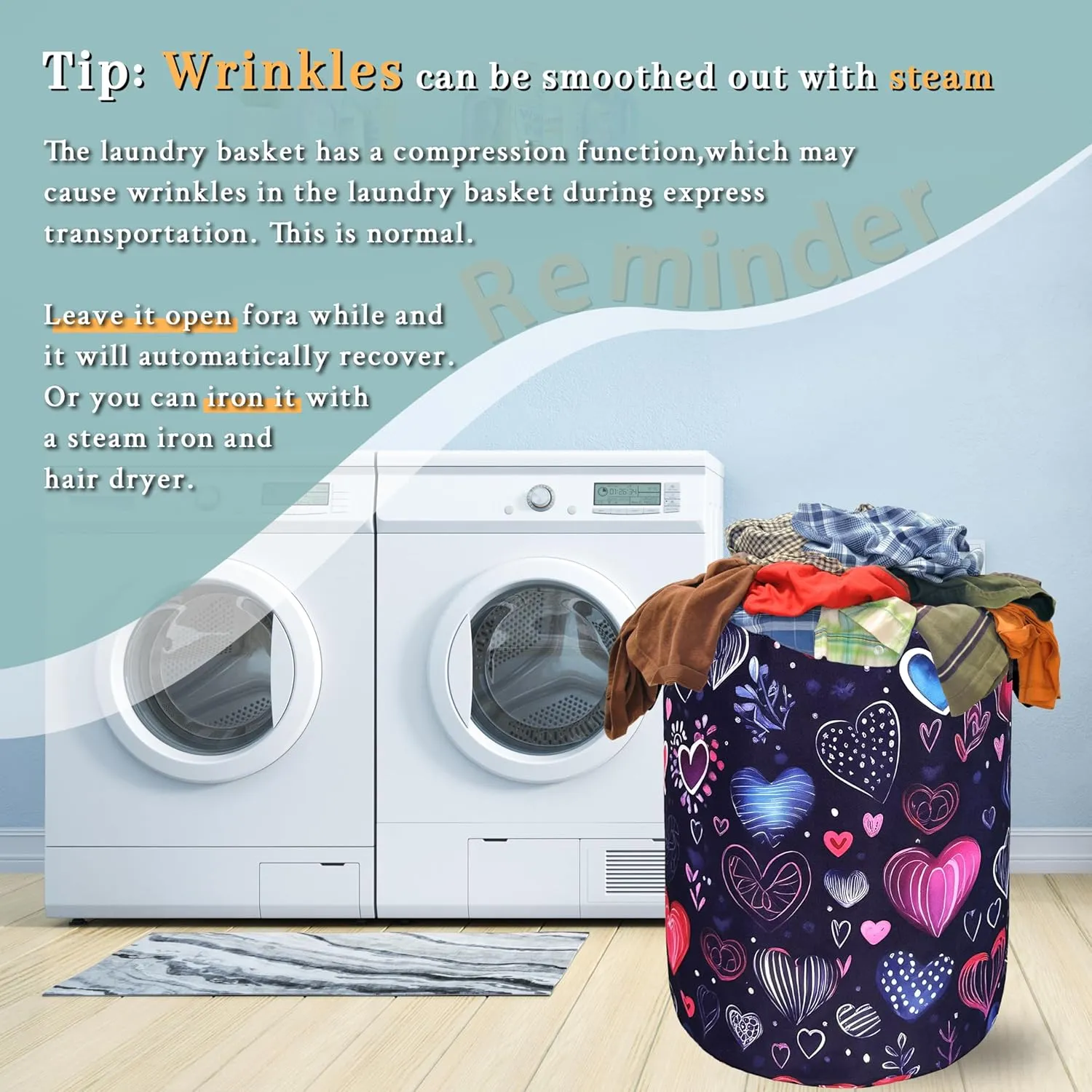 Hand Drawn Love Hearts Pattern Laundry Hamper With Handles Foldable Oxford Cloth Tote Bag Colorful Laundry Basket Clothes Toy Storage Bucket 18.9" x 16.5" For Bathroom/Laundry/Bedroom
