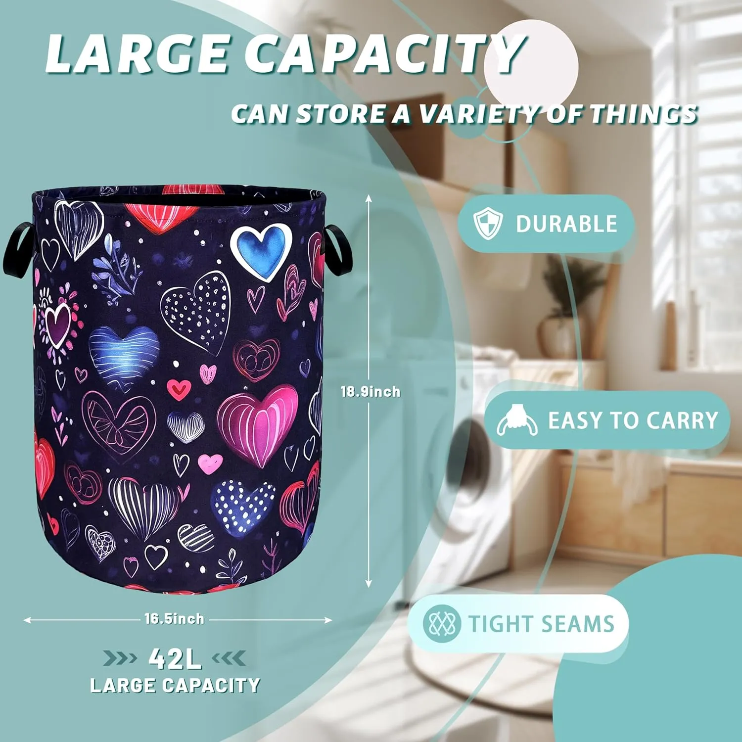 Hand Drawn Love Hearts Pattern Laundry Hamper With Handles Foldable Oxford Cloth Tote Bag Colorful Laundry Basket Clothes Toy Storage Bucket 18.9" x 16.5" For Bathroom/Laundry/Bedroom