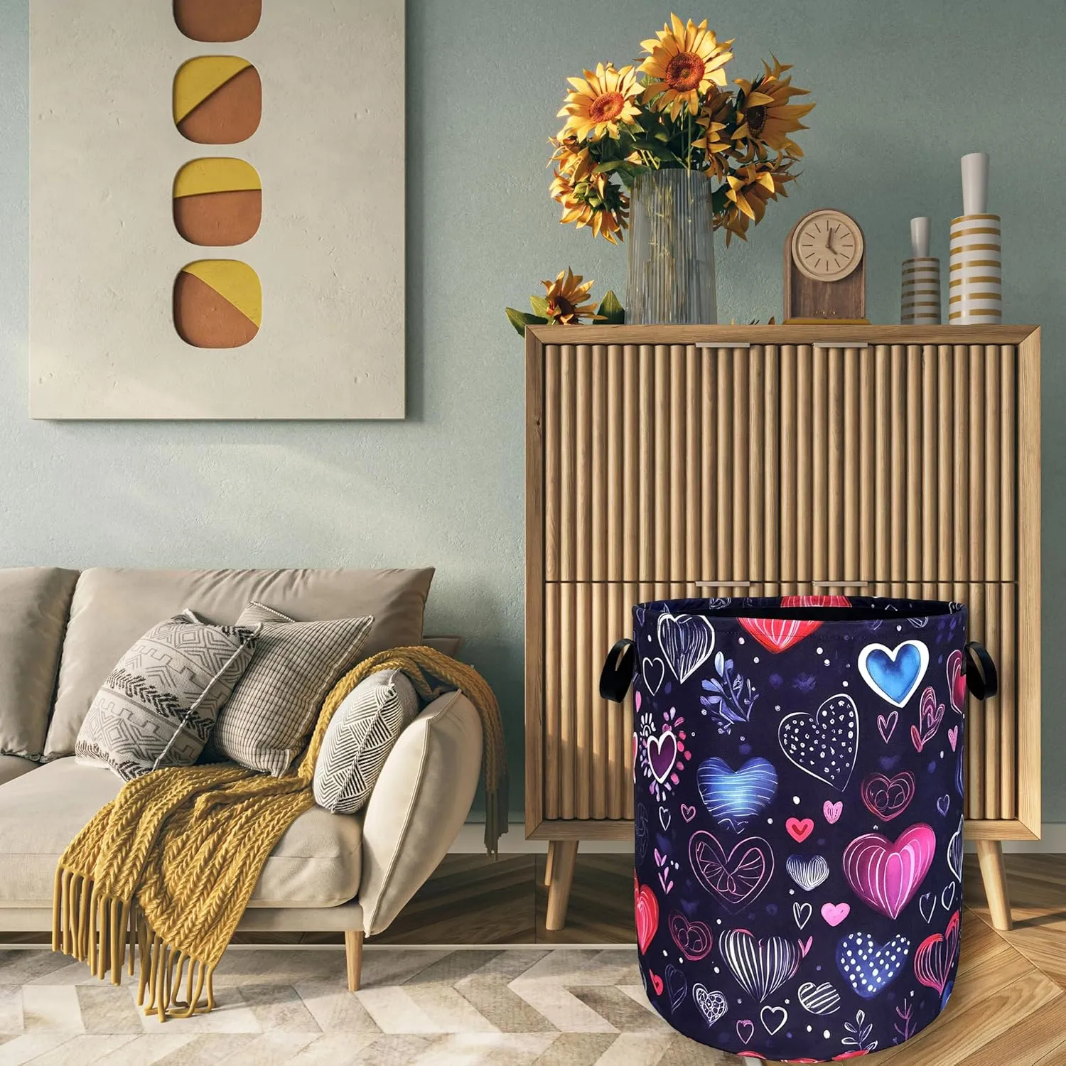 Hand Drawn Love Hearts Pattern Laundry Hamper With Handles Foldable Oxford Cloth Tote Bag Colorful Laundry Basket Clothes Toy Storage Bucket 18.9" x 16.5" For Bathroom/Laundry/Bedroom