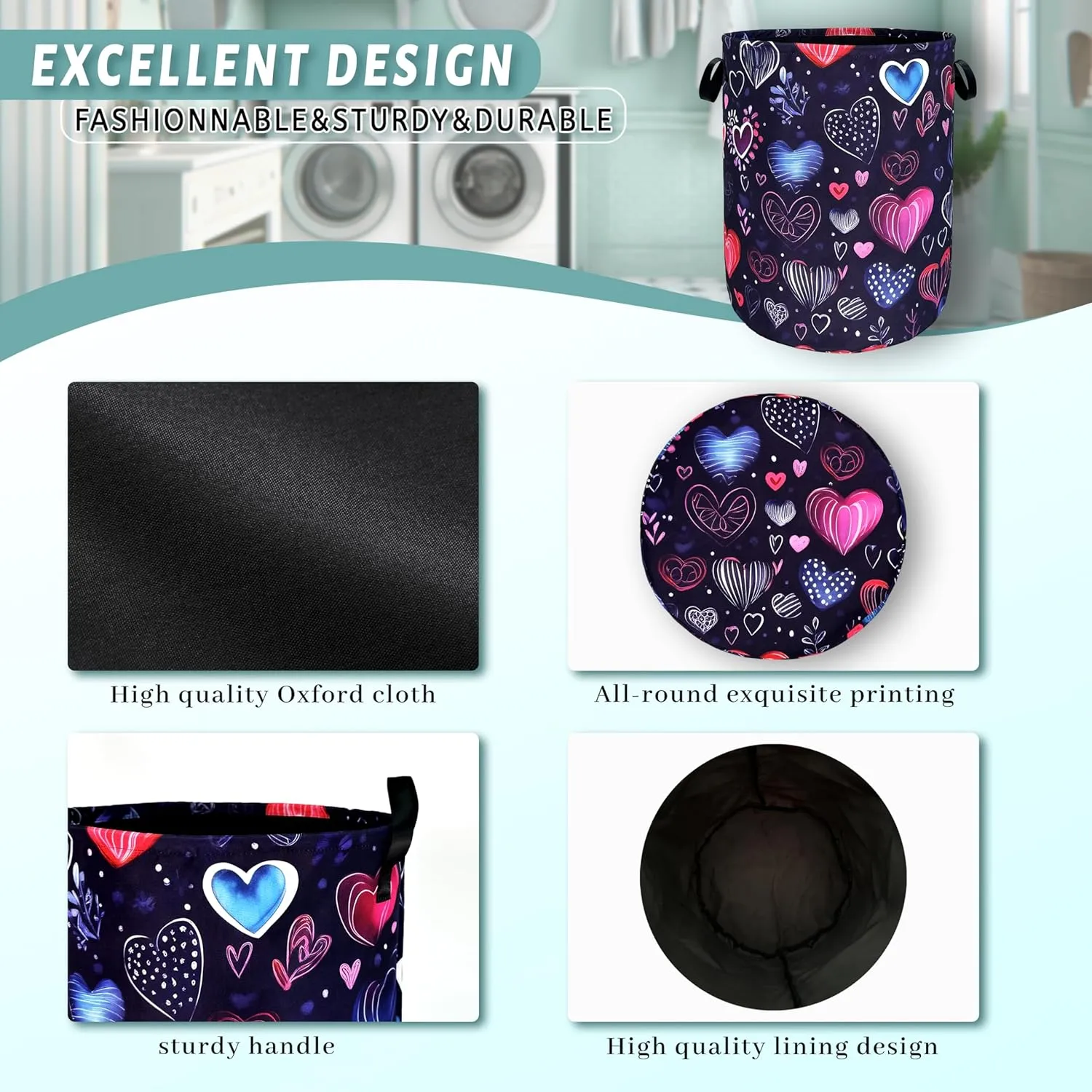 Hand Drawn Love Hearts Pattern Laundry Hamper With Handles Foldable Oxford Cloth Tote Bag Colorful Laundry Basket Clothes Toy Storage Bucket 18.9" x 16.5" For Bathroom/Laundry/Bedroom