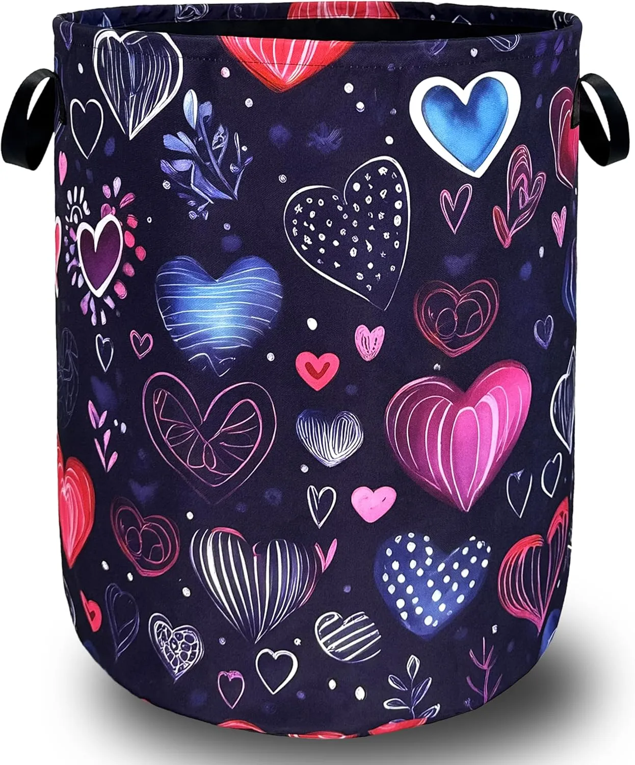 Hand Drawn Love Hearts Pattern Laundry Hamper With Handles Foldable Oxford Cloth Tote Bag Colorful Laundry Basket Clothes Toy Storage Bucket 18.9" x 16.5" For Bathroom/Laundry/Bedroom