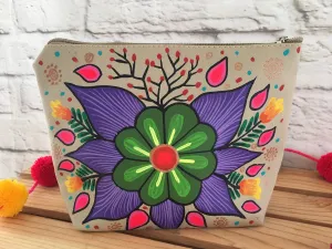 Hand Painted Floral Mexican Cosmetic Bag - Vegan Cruelty Free Makeup Bag - Bohemian Cosmetic Bag - Bolsa Cosmetica - Artesanias