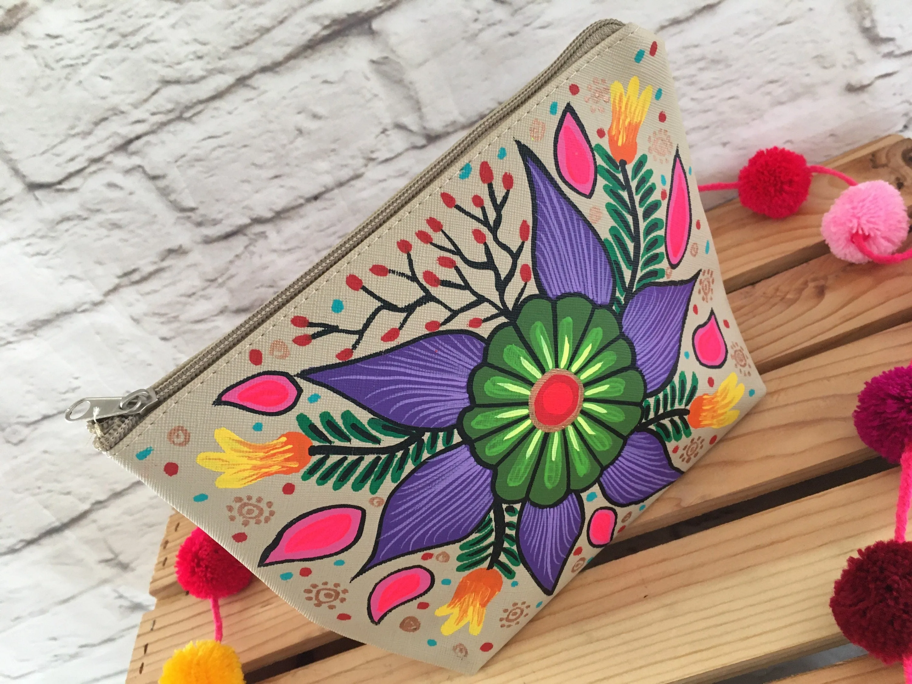 Hand Painted Floral Mexican Cosmetic Bag - Vegan Cruelty Free Makeup Bag - Bohemian Cosmetic Bag - Bolsa Cosmetica - Artesanias