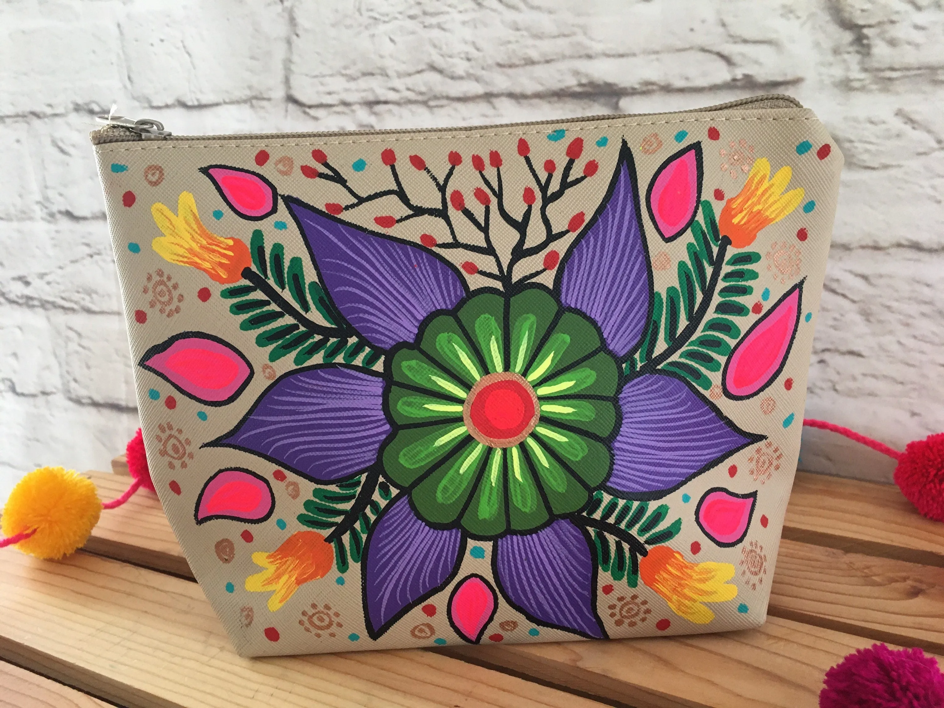 Hand Painted Floral Mexican Cosmetic Bag - Vegan Cruelty Free Makeup Bag - Bohemian Cosmetic Bag - Bolsa Cosmetica - Artesanias