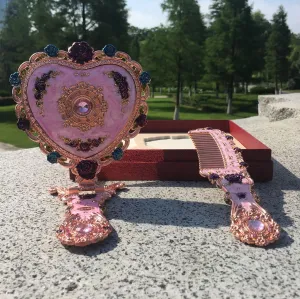 Handheld Mirror Set, Vintage Heart Shape Makeup Mirror and Comb Floral Antique Princess Castle Vanity Mirror Cosmetic Decorative Embossed Hair Brush Gift for Women Girls (Metal-Silver)