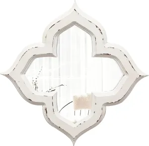 Hanging Antique Small Wall Mirrors Decorative 9.6 inch, Distressed White Sculpted Wood Mirror Farmhouse Wall Decor, Shabby Chic Lucky Four-Leaf Clover Mirror Wall Decor for Living Room