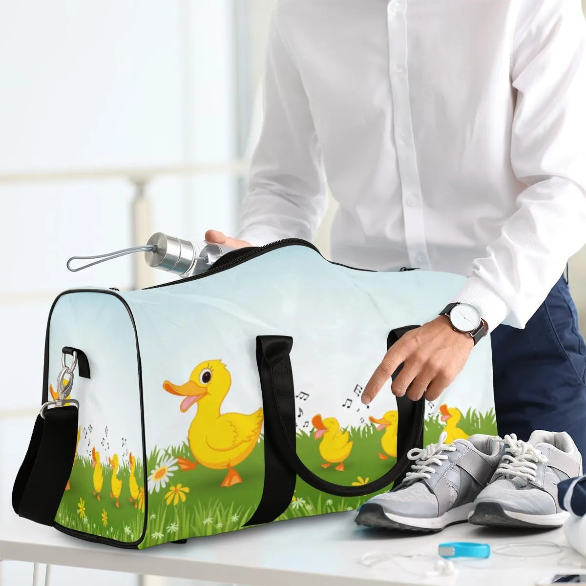 Happy Duck Flower Travel Duffel Bag Cute Duck Foldable Weekender Overnight Bag Waterproof Carry on Luggage Handle Bag Sports Tote Gym Bag Workout Bag for Women Men Traveling