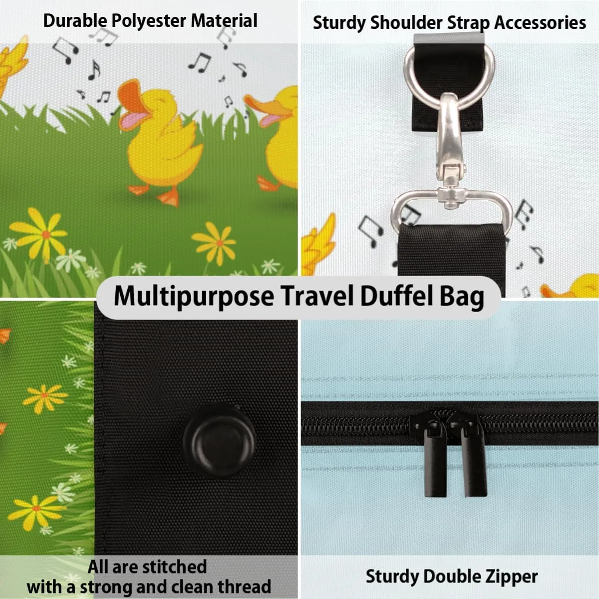 Happy Duck Flower Travel Duffel Bag Cute Duck Foldable Weekender Overnight Bag Waterproof Carry on Luggage Handle Bag Sports Tote Gym Bag Workout Bag for Women Men Traveling