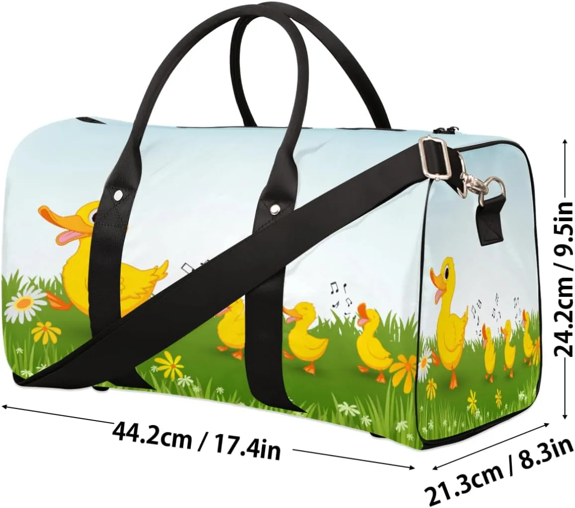 Happy Duck Flower Travel Duffel Bag Cute Duck Foldable Weekender Overnight Bag Waterproof Carry on Luggage Handle Bag Sports Tote Gym Bag Workout Bag for Women Men Traveling