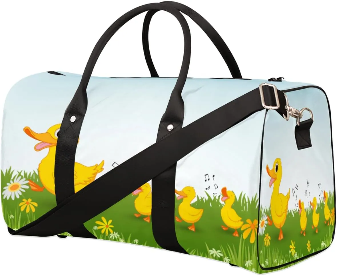 Happy Duck Flower Travel Duffel Bag Cute Duck Foldable Weekender Overnight Bag Waterproof Carry on Luggage Handle Bag Sports Tote Gym Bag Workout Bag for Women Men Traveling