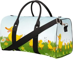 Happy Duck Flower Travel Duffel Bag Cute Duck Foldable Weekender Overnight Bag Waterproof Carry on Luggage Handle Bag Sports Tote Gym Bag Workout Bag for Women Men Traveling