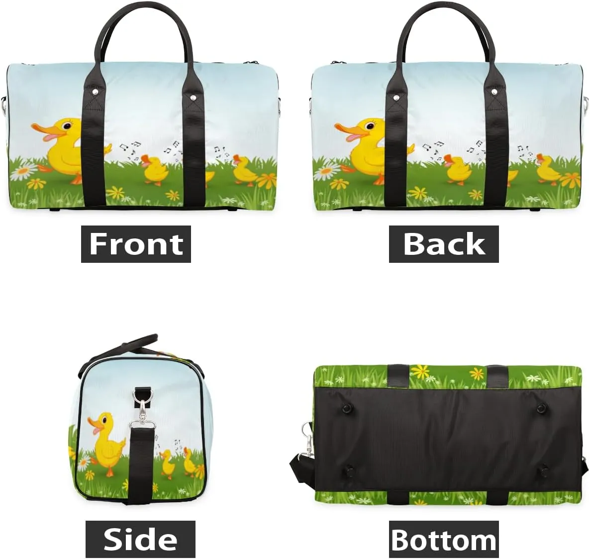 Happy Duck Flower Travel Duffel Bag Cute Duck Foldable Weekender Overnight Bag Waterproof Carry on Luggage Handle Bag Sports Tote Gym Bag Workout Bag for Women Men Traveling