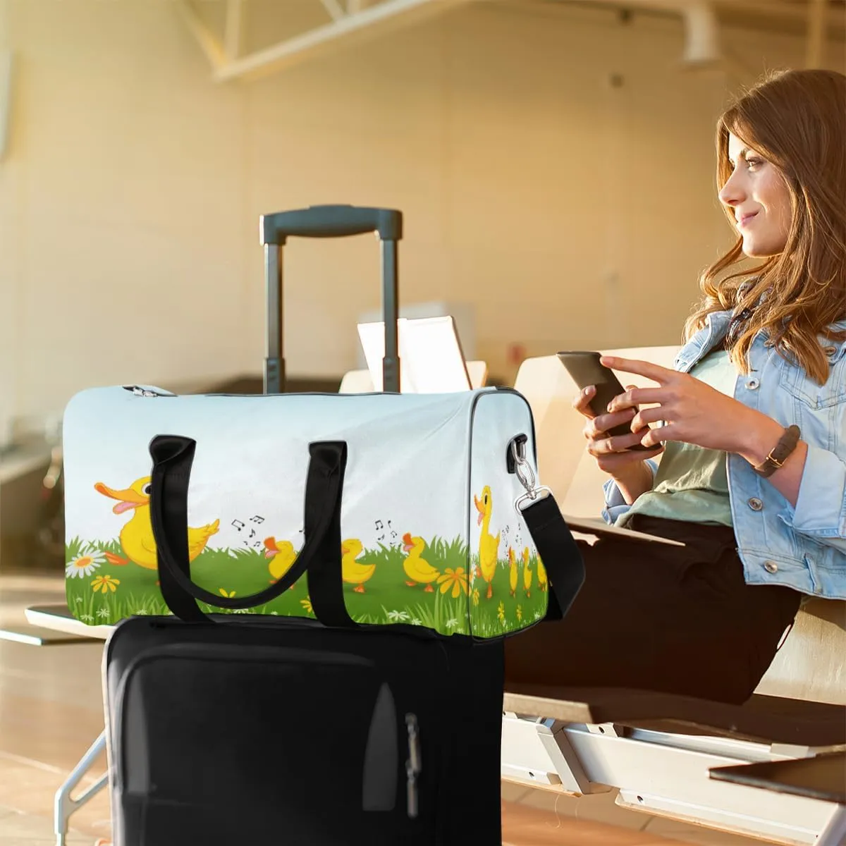Happy Duck Flower Travel Duffel Bag Cute Duck Foldable Weekender Overnight Bag Waterproof Carry on Luggage Handle Bag Sports Tote Gym Bag Workout Bag for Women Men Traveling